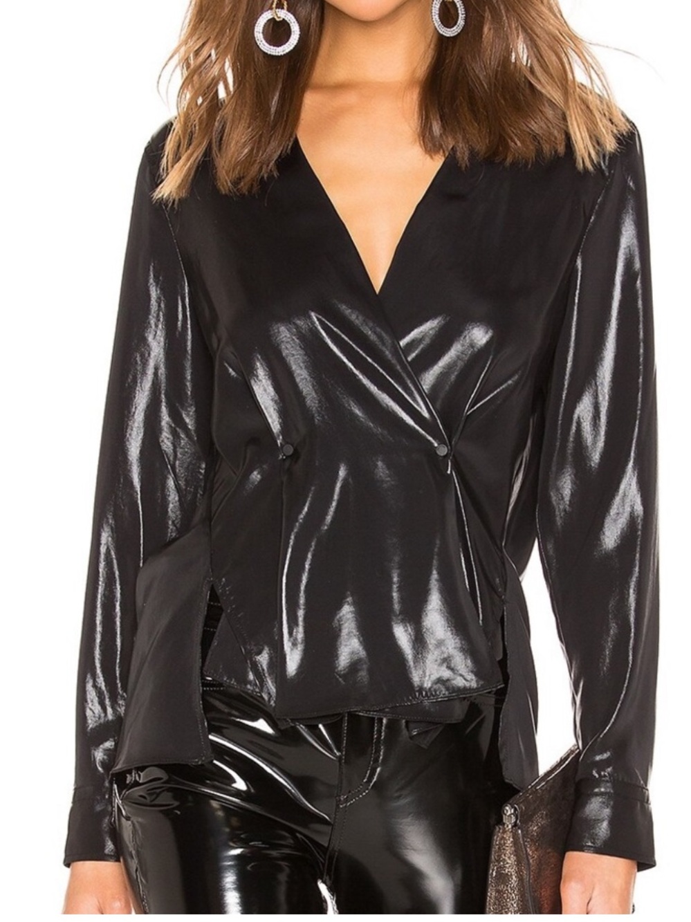 rag & bone Shiny Black V-Neck Satin Blouse